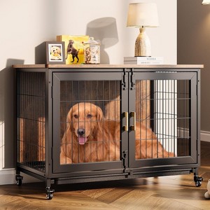 Nasitip 37.5" Dog Crate Furniture with Wheels, Wooden Dog Kennel with Pull Out Tray, Decorative Dog Cage End Table - 1 of 4