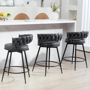 DYHOME 24 inch Bar Stools Set of 3, Modern Counter Height Bar Stools, 360° Swivel Suede Fabric Stool Chairs with Woven Back and Footrest - 1 of 4