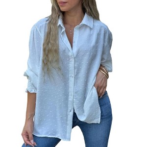 Coolmee Women's Button Down Shirt Polka Dots Ruffle Long Sleeve Collared Loose Fit Top Blouse - 1 of 3