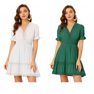 Allegra K Women's V Neck Smocked Elastic Waist Short Sleeve Boho Crochet Trim Mini Dress 2 Packs - 1 of 4