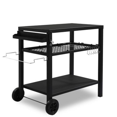 Karl Home 3-Shelf Outdoor Grill Cart Movable BBQ Trolley with Two Wheels and Hooks