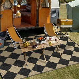 Outdoor patio rug, plastic straw. Waterproof, reversible, modern geometric trellis. For porch, RV, backyard, pool, picnic, beach, camping - 1 of 4