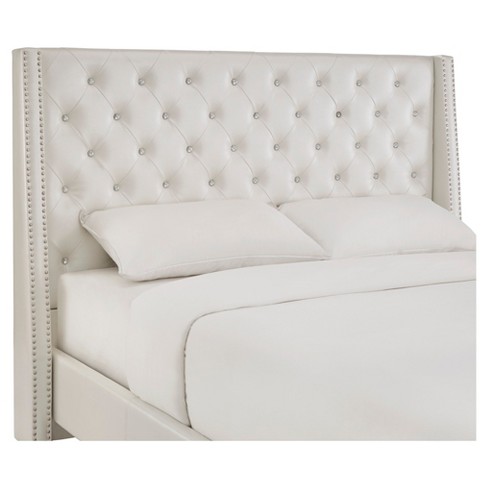 Rosalyn Crystal Tufted Wingback, White Faux Leather Headboard With Crystals