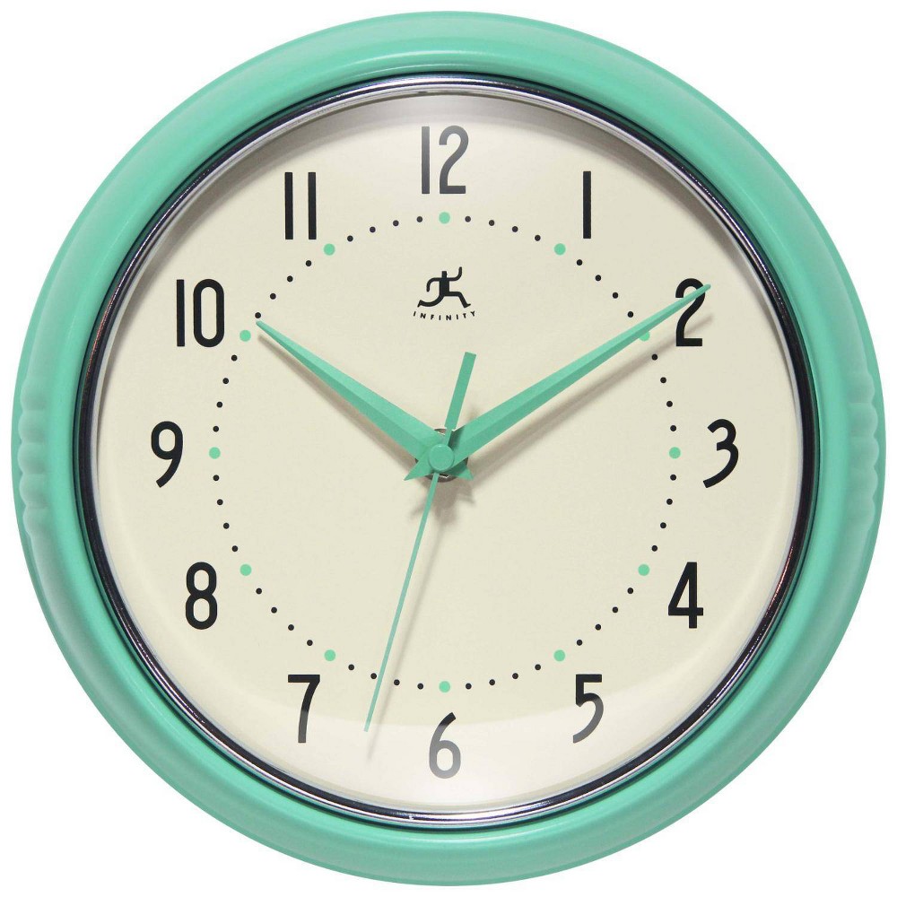 9.5" Retro Round Wall Clock Light Green - Infinity Instruments: Analog, Indoor Decorative Timepiece, Metal Construction