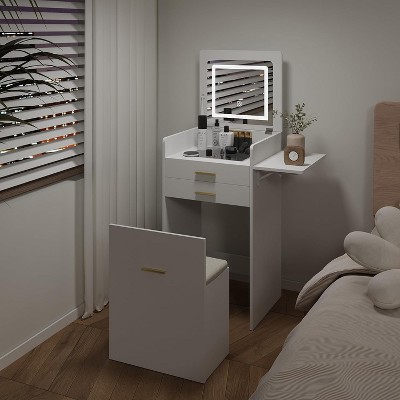 Elecwish Small Vanity Desk Set with Flip-top Mirror and Lights White Integrated 3 in 1 Makeup Vanities Set for Tiny Space Compact Mini Dressing Table