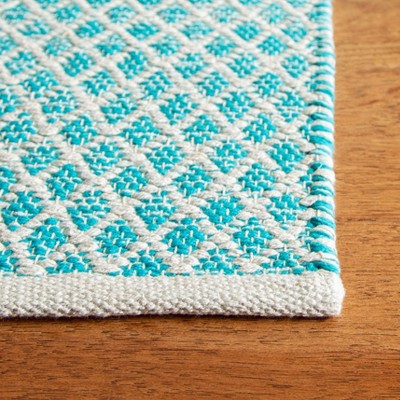 Turquoise and Ivory Cotton Handwoven Square Rug - 4' x 4'