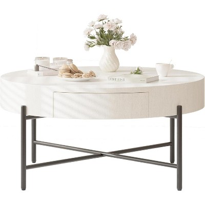 Round Coffee Table with Drawers, 31.9" Vintage Wood Accent Table with Storage for Living Room, Brown/White