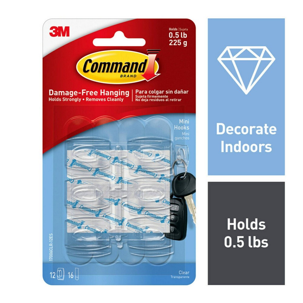 Command Clear Mini Hooks with Clear Strips, Damage Free Hanging of Christmas Decorations, 12 Mini Hooks