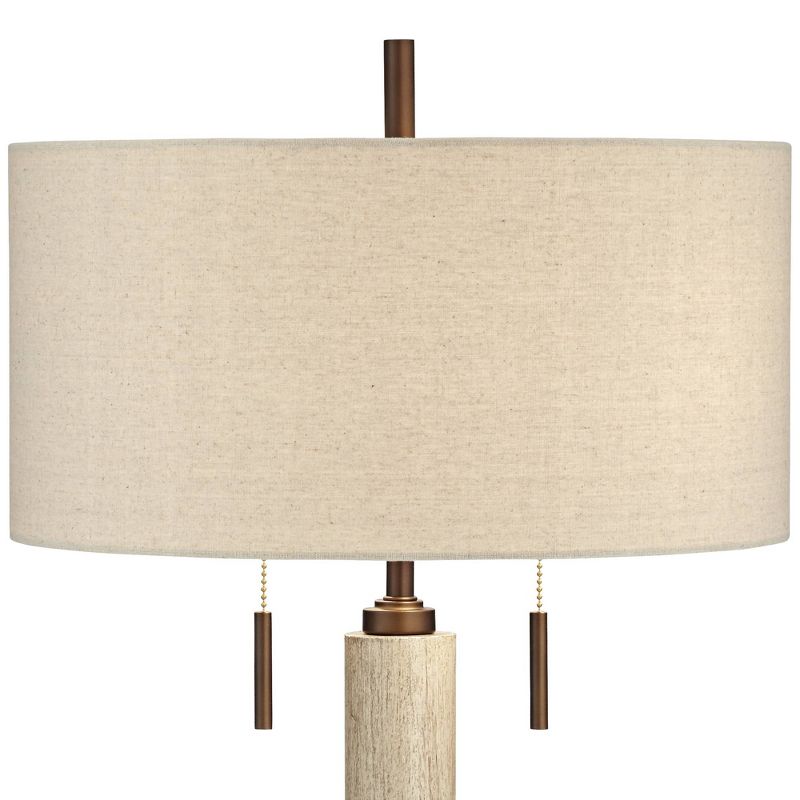Franklin Iron Works Mid-Century Modern Table Lamp with USB Charging Port 28.5" Tall Whitewashed Wood Fabric Drum Shade Living Room Bedroom, 4 of 10