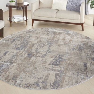 Round Grey and Beige Abstract Synthetic Area Rug