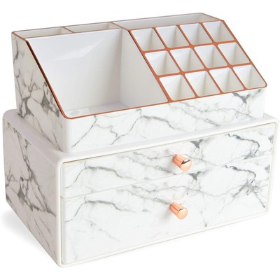 Glamlily Marble and Rose Gold Makeup Organizer, Cosmetic Storage Drawers (9.5 x 9.5 x 5.5 In)