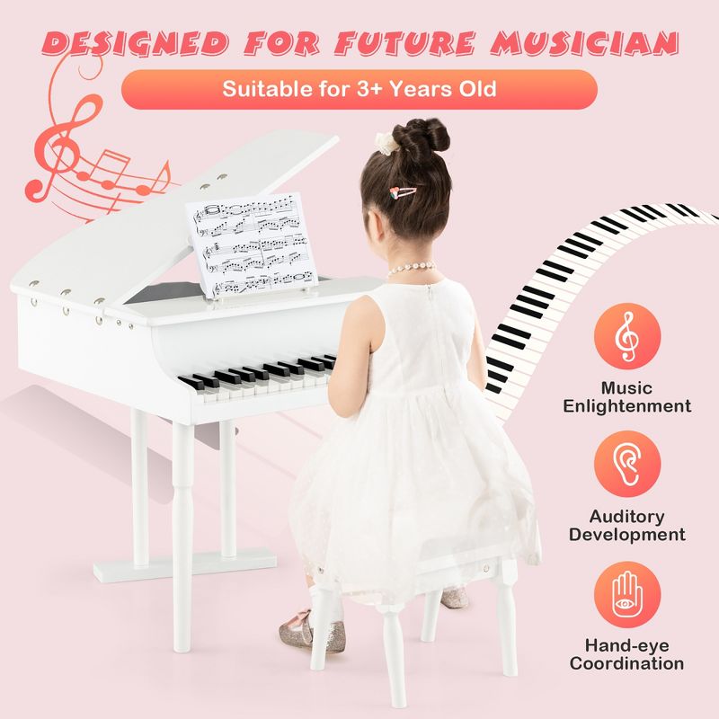 Costway 30 Key Classical Kids Piano Wooden Musical Instrument Toy w/ Stand & Stool White, 5 of 11
