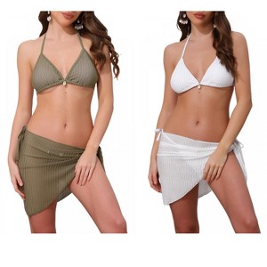 INSPIRE CHIC Women's 3-Piece Herringbone Halter Top Tie Side Triangle Bottom with Cover Up Skirt Bikini Suits 2 Sets - 1 of 4