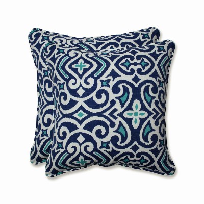New Damask 2pc Outdoor/Indoor Throw Pillows Marine Blue - Pillow Perfect