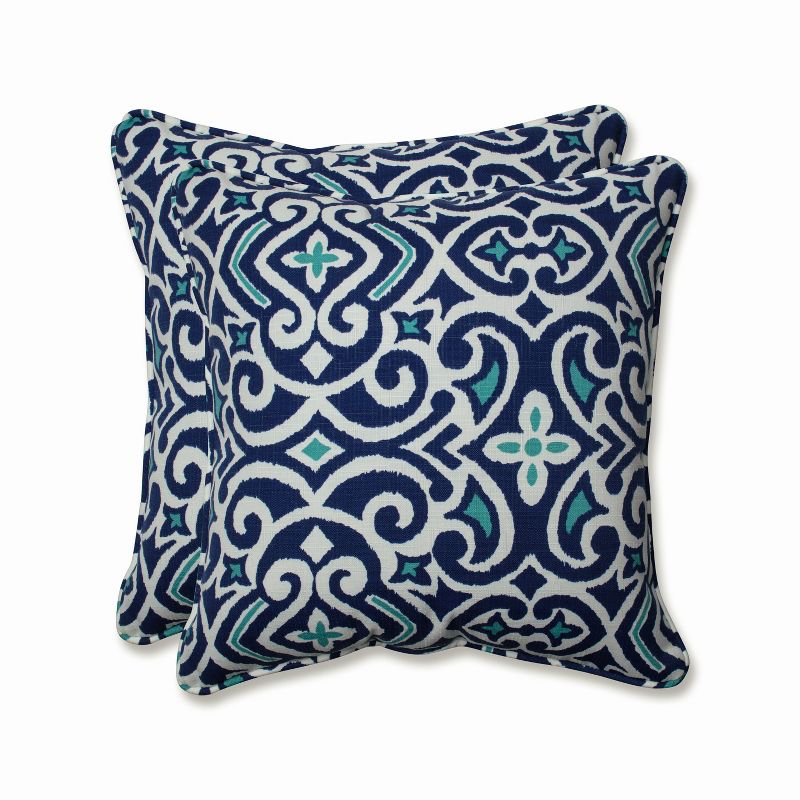 New Damask 2pc Outdoor/Indoor Throw Pillows Marine Blue - Pillow Perfect, 1 of 4