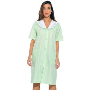 Dreamcrest Womens Short Sleeve Duster, Seersucker Gingham Housecoat/Women Sleepwear Embroidered Snap Front Nightgown - 1 of 3