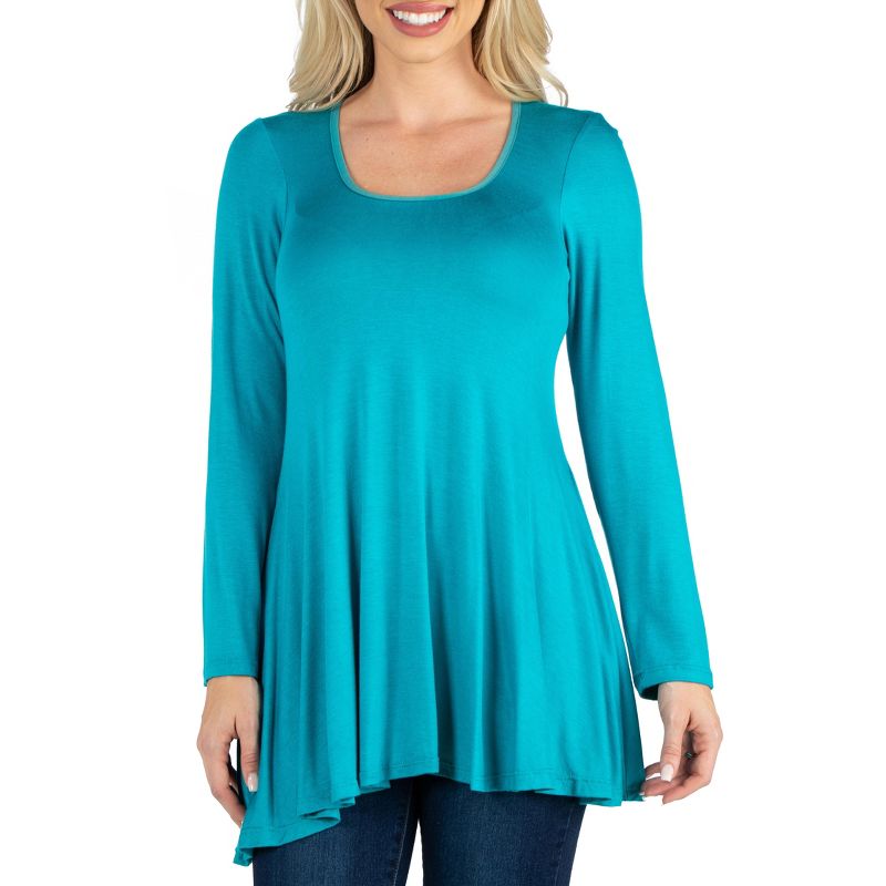 24seven Comfort Apparel Womens Long Sleeve Solid Color Swing Style Flared Tunic Top, 1 of 7