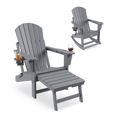 Folding Adirondack Rocking Chair With Footrest, Adirondack Rocking Chair Outdoor With Retractable Ottoman and Cup Holder, Rocking Adirondack Chairs