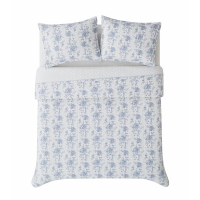 White and Blue Floral Cotton Full Quilt Set