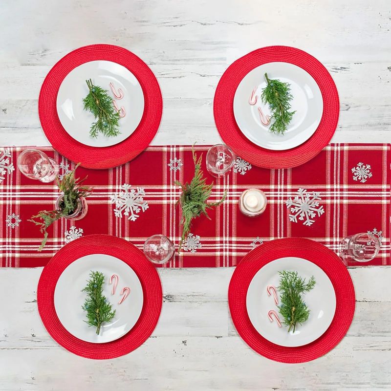 Kovot Set of (1) 72" Table Runner + (8) Placemats | Christmas Holiday Table Decor | Red & White with Foil Accents Snowflake, 5 of 7