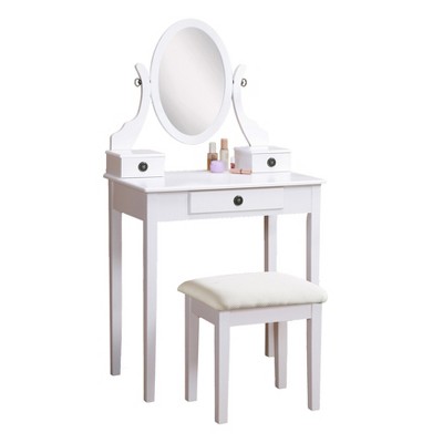 White Wood Vanity Table with Adjustable Mirror and Stool