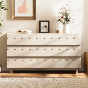 GDFStudio Eunice 60" Modern Wood 6-Drawer Dresser with Wave Front Design,  Ivory