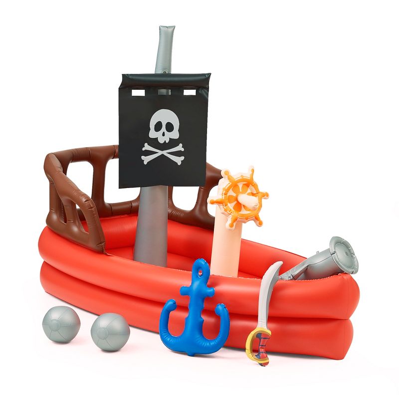 Water Fun Inflatable Pirate Ship Sprinkler Play Center with Pump, Beach Balls, & Accessories, Red, 1 of 13