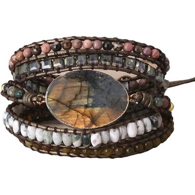 Women's Wrap Bracelet with Natural Jasper Crystal Stone Beads, Bohemian Leather Strand Bracelet