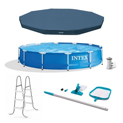 Intex 12 Foot by 30 Inch Framed Above Ground Swimming Pool with 42 Inch Tall Ladder, Maintenance Kit Vacuum Skimmer, and Secure Vinyl Pool Cover