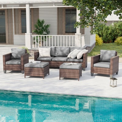 Sonkuki 5-Piece Patio Conversation Sofa Set Brown Rattan with Widen Armrest