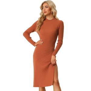 Allegra K Women's Slde Slit Mock Neck Ribbed Sweater Bodycon Midi Dress - 1 of 4