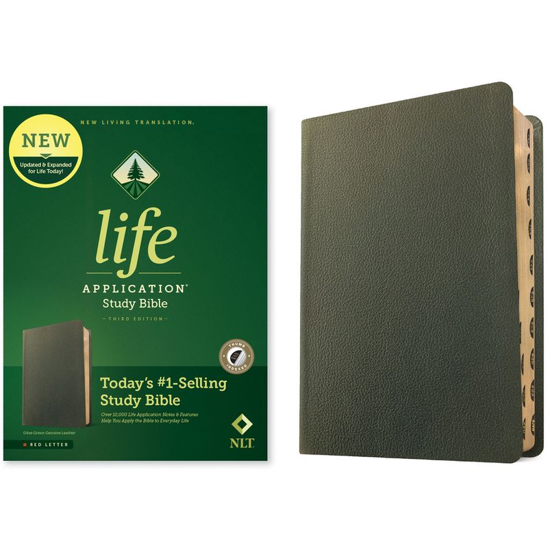 NLT Life Application Study Bible, Third Edition (Genuine Leather, Olive Green, Indexed, Red Letter) - (Leather Bound), 1 of 2