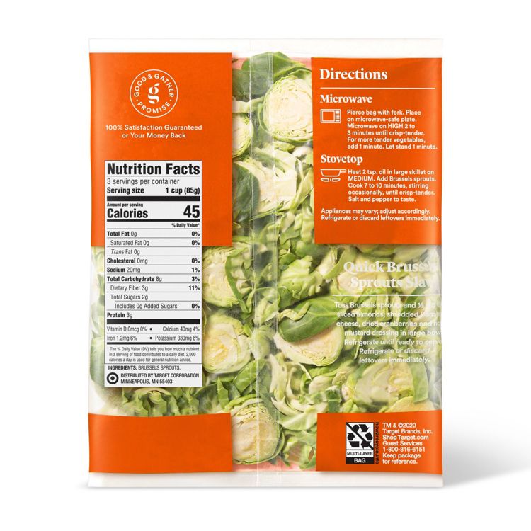 A package of Quick Brussels Sprouts Slaw with visible nutrition facts and cooking directions on an orange label.