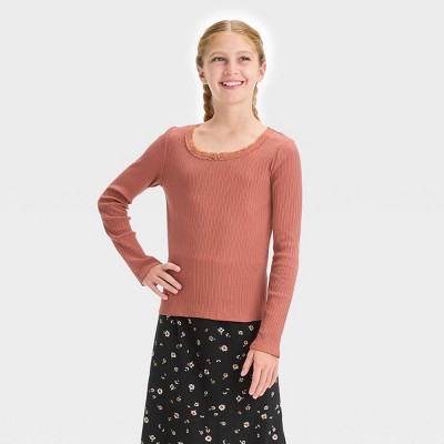 Girls' Long Sleeve Pointelle Lace T-Shirt - art class™