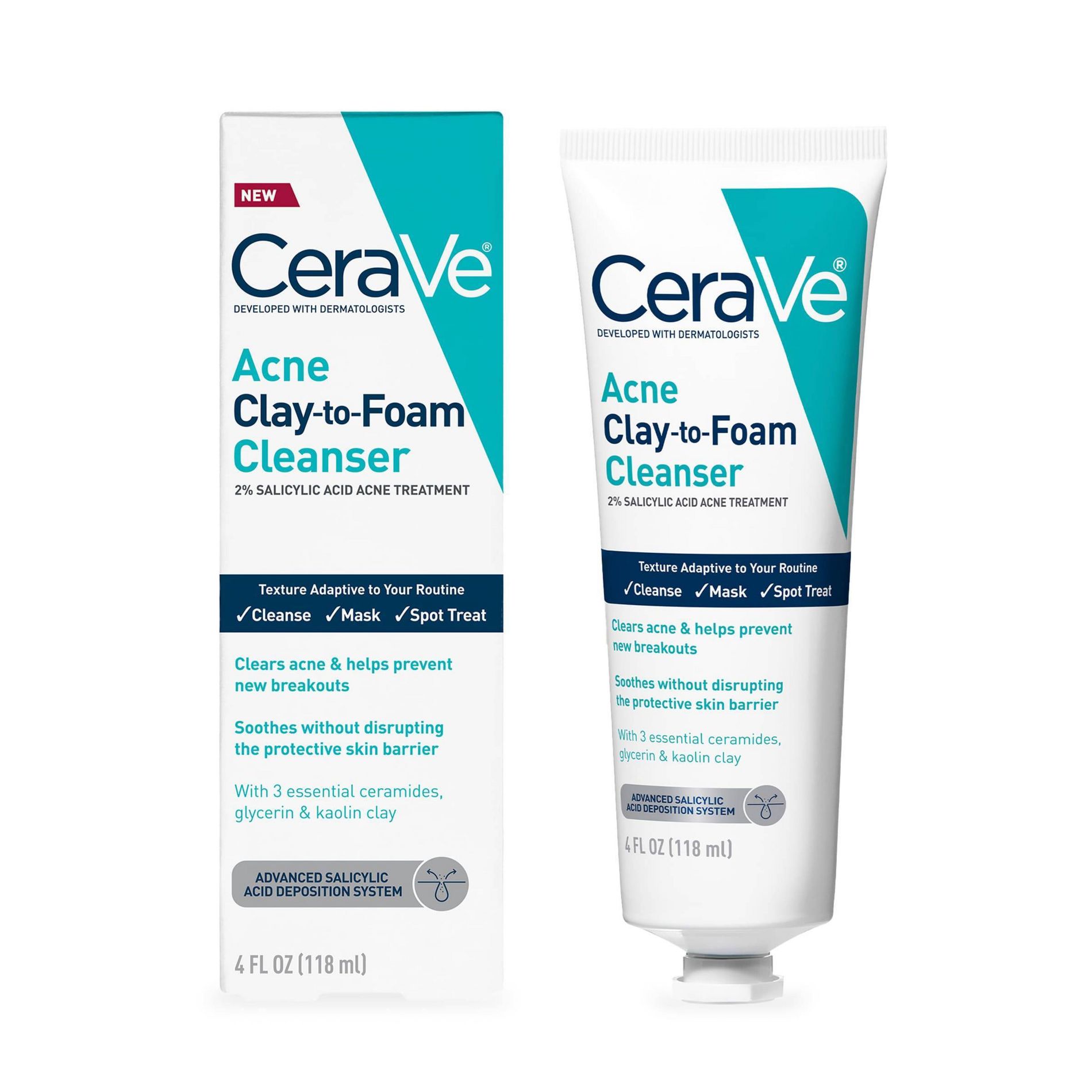 CeraVe 3in1 Acne Clay-to-Foam Facial Cleanser, Mask & Spot Treatment -  4 fl oz