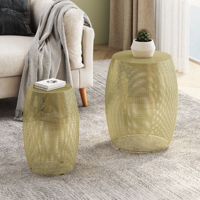 Modern Gold Drum-Style Outdoor End Table, Accent Table for Patio or Indoor Use, Round Hollow Patio Side Table Set -Christopher Knight Home
