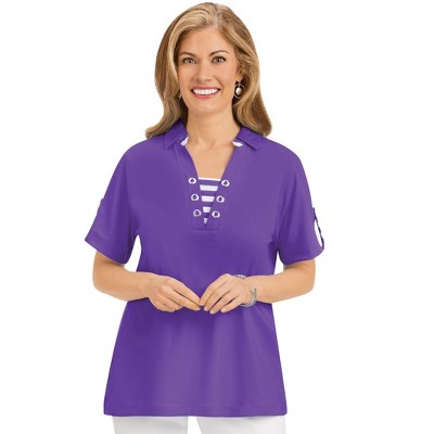Collections Etc Striped Trimmed Polo Top
