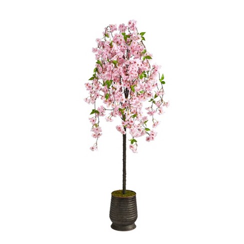 Nearly Natural 6-ft Cherry Blossom Artificial Tree in Ribbed Metal Planter - image 1 of 4