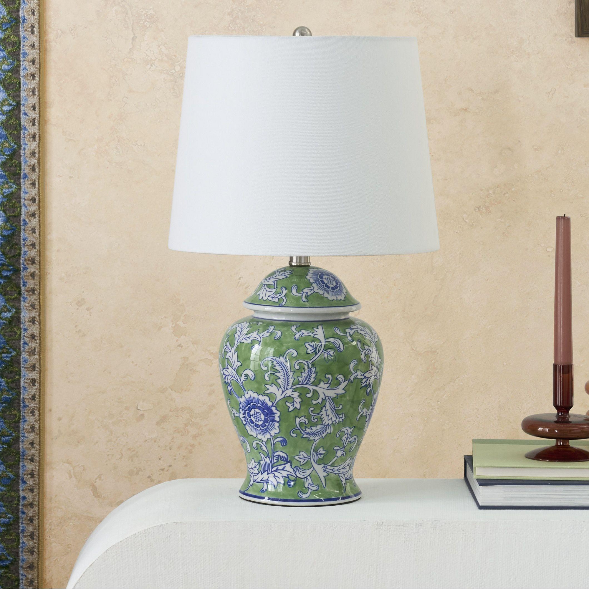24" Green & Blue Floral Ginger-Jar Ceramic Table Lamp - Nourison