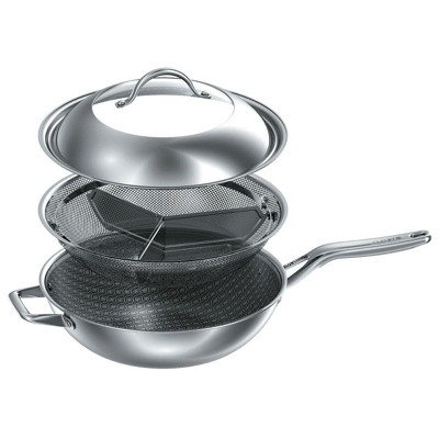 Circulon 3 Piece SteelShield C-Series Tri-Ply Clad Nonstick Chef Pan with Lid and Cooking Utensil Set, Silver