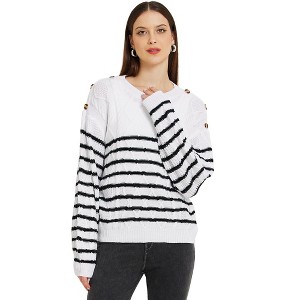 INSPIRE CHIC Women's Striped Pullover Crewneck Long Sleeve Cable Knitted Sweater - 1 of 4