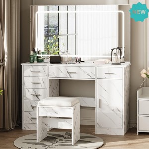 Jojoka LED Makeup Vanity with Large Mirror, 7 Drawers, Adjustable 3-Color Lighting, Charging Station, Hair Dryer Holder, Cushioned Stool - 1 of 4