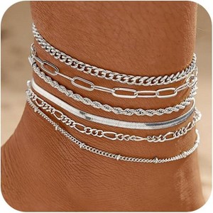 6 PCS 14k Plated Gold Layered Anklet Set Waterproof Herringbone Paperclip Beaded Figaro Cuban Link Chain - 1 of 4
