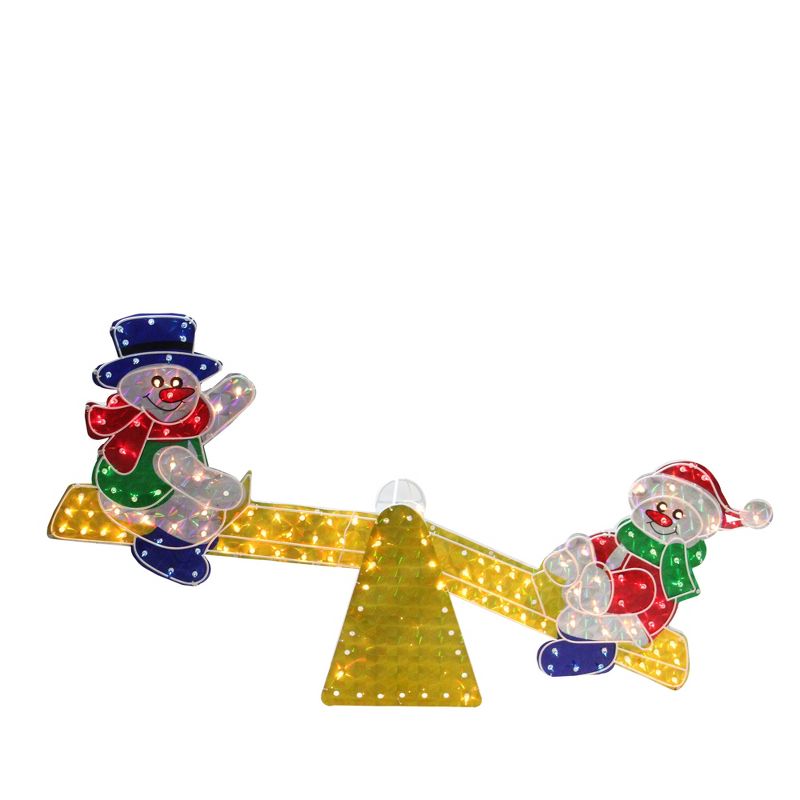 Northlight 48" Yellow and Red Pre-Lit Holographic Snowmen on See Saw Outdoor Christmas Decor, 1 of 3