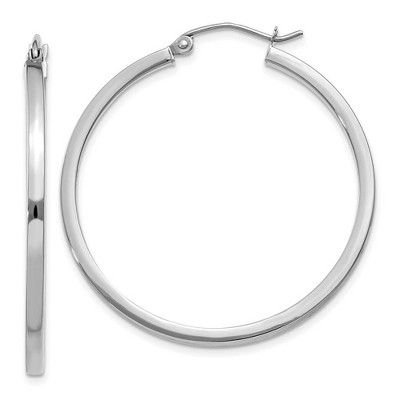 Black Bow Jewelry 2mm, 14k White Gold Square Tube Round Hoop Earrings, 35mm (1 3/8 Inch)