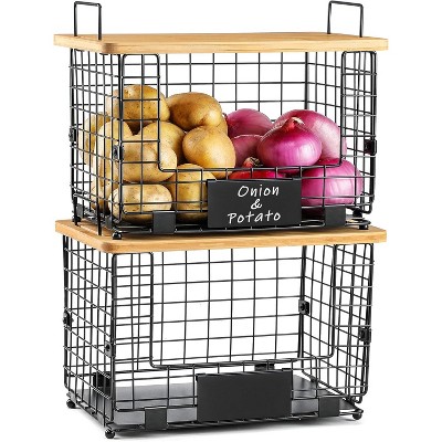Paaaawaters 2 Set XXL Stackable Wire Basket with Bamboo Tops & Tag- Pantry Organizer and Storage Bins