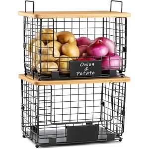 Paaaawaters 2 Set XXL Stackable Wire Basket with Bamboo Tops & Tag- Pantry Organizer and Storage Bins - 1 of 4