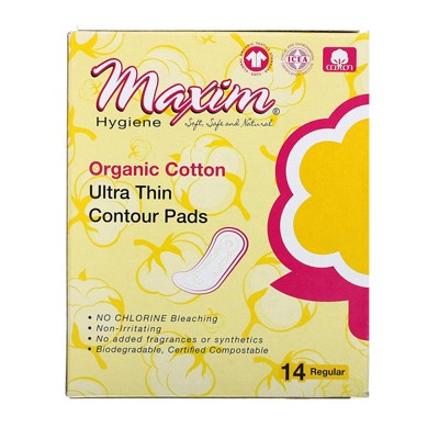 Maxim Organic Cotton Ultra Thin Contour Pads Regular Absorbency, Size 2 - 14Ct CASE OF 12