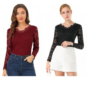 INSPIRE CHIC Women's Floral Embroidery Sheer Long Sleeves Lace Blouse 2 Packs - 1 of 4