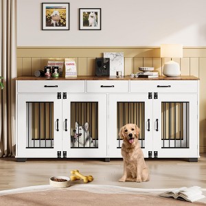 Double Dog Crate Furniture, 71 in  Indoor Wooden Dog Kennel with Removable Divider, 3 Drawers, for Medium Large Breeds, Brown+White - 1 of 4